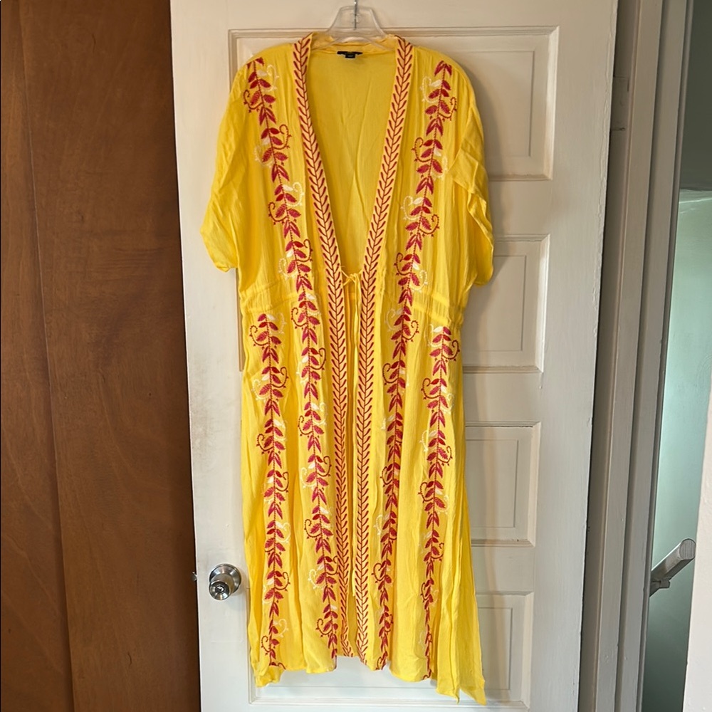 Vibrant Yellow and Red Embroidered Swim Coverup